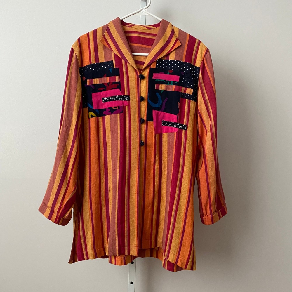 Vintage OS Orange Striped Button Front Shirt‎ Patchwork Artistic Blouse